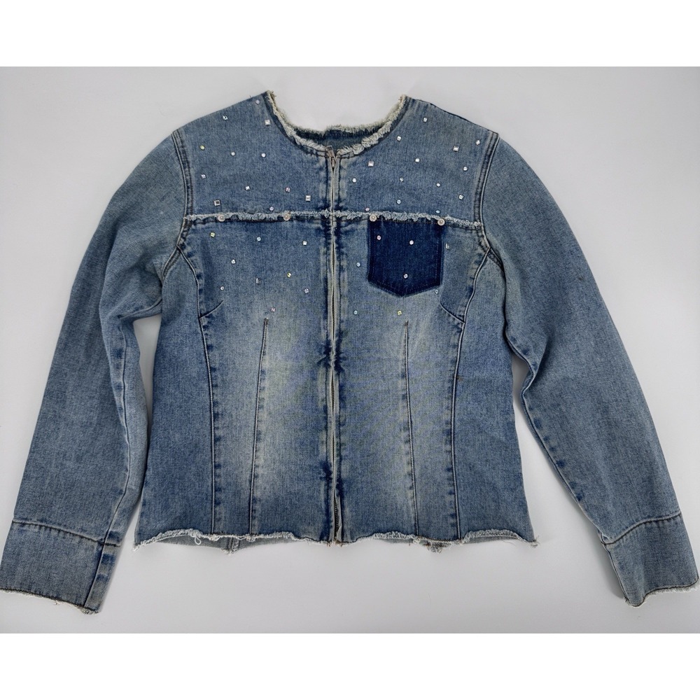 Vintage Carolina Blues Denim Jacket Zip Up Rhinestone Sparkle Y2K Frayed M